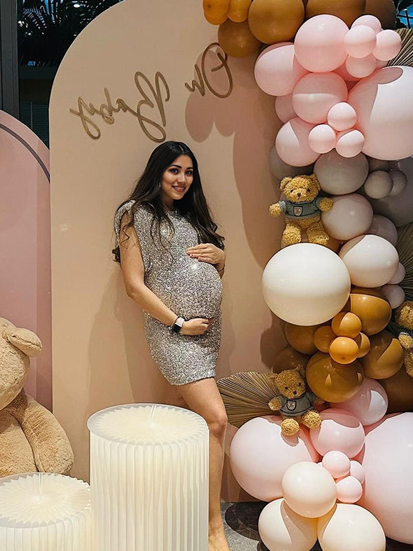 fotobeyou Sparkle Sequin Shoulder Pads High Neck Sleeveless Bodycon Elegant Cocktail Party Maternity Photoshoot Baby Shower Mini Dress