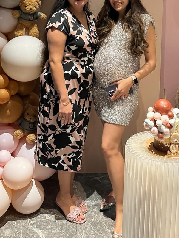 fotobeyou Sparkle Sequin Shoulder Pads High Neck Sleeveless Bodycon Elegant Cocktail Party Maternity Photoshoot Baby Shower Mini Dress