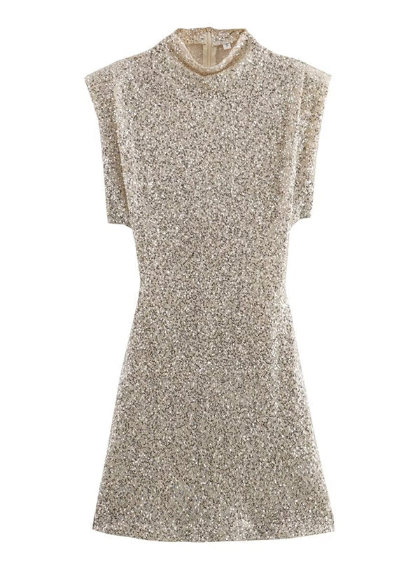 fotobeyou Sparkle Sequin Shoulder Pads High Neck Sleeveless Bodycon Elegant Cocktail Party Maternity Photoshoot Baby Shower Mini Dress