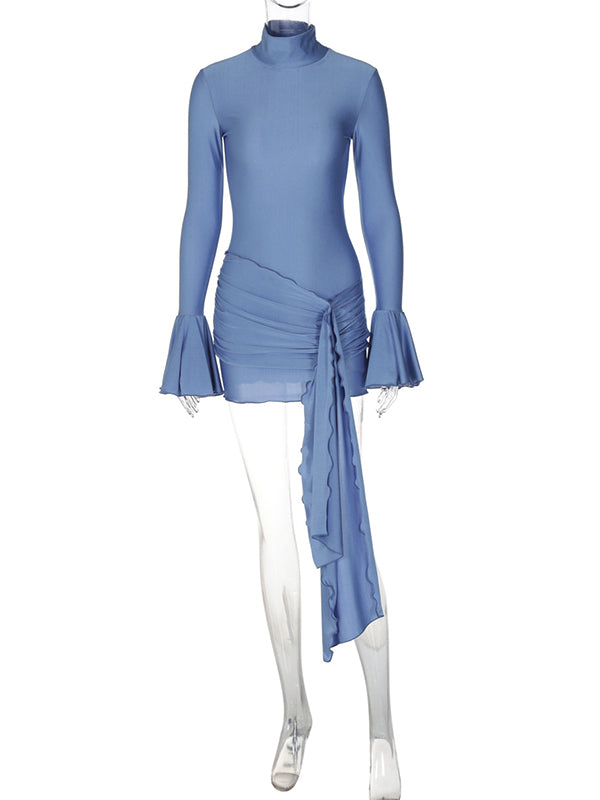 fotobeyou Solid Color Cascading Ruffle Irregular High Neck Draped Bodycon Falbala Elegant Flare Sleeve Bandage Party Baby Shower Maternity Mini Dress