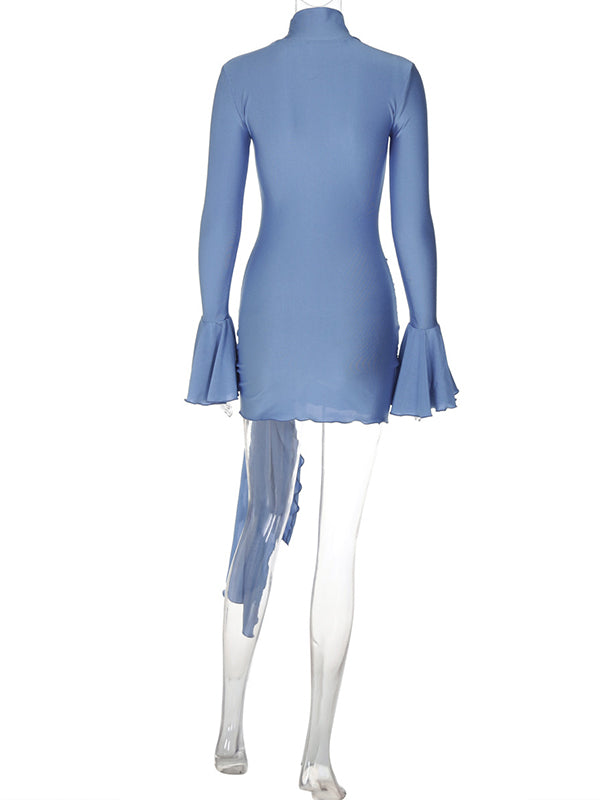 fotobeyou Solid Color Cascading Ruffle Irregular High Neck Draped Bodycon Falbala Elegant Flare Sleeve Bandage Party Baby Shower Maternity Mini Dress