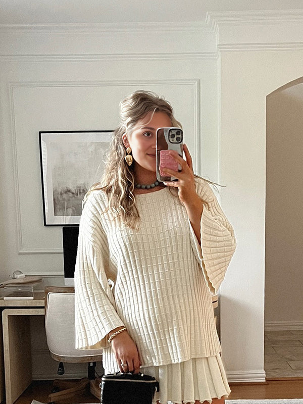 fotobeyou Oversized Flare Sleeve Sweater And Pleated Mini Skirt Knit Two Piece Set Elegant Daily Going Out Maternity Baby Shower Mini Dress