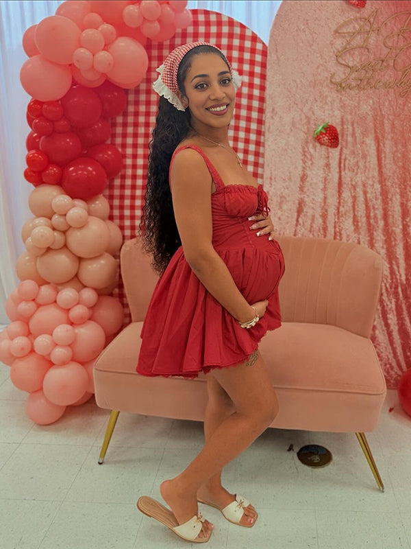 fotobeyou Cherry Red Lace-up Corset Lace Trim A-line Elegant Party Maternity Baby Shower Mini Dress