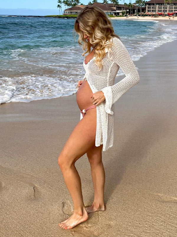 fotobeyou White 2-in-1 3D Flower Tie Ruffle Slit Flare Sleeve Fashion Beach Vacation Cover Up Photoshoot Maternity Mini Dress