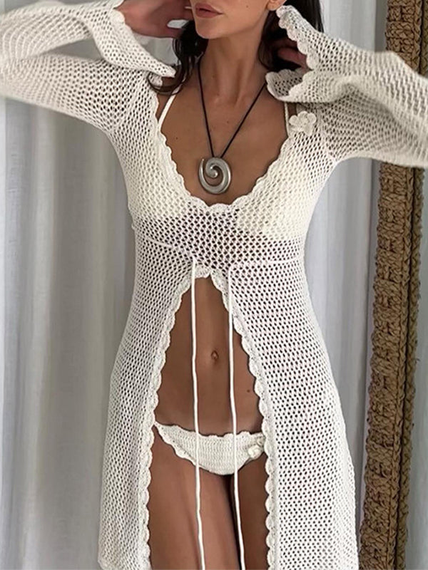fotobeyou White 2-in-1 3D Flower Tie Ruffle Slit Flare Sleeve Fashion Beach Vacation Cover Up Photoshoot Maternity Mini Dress