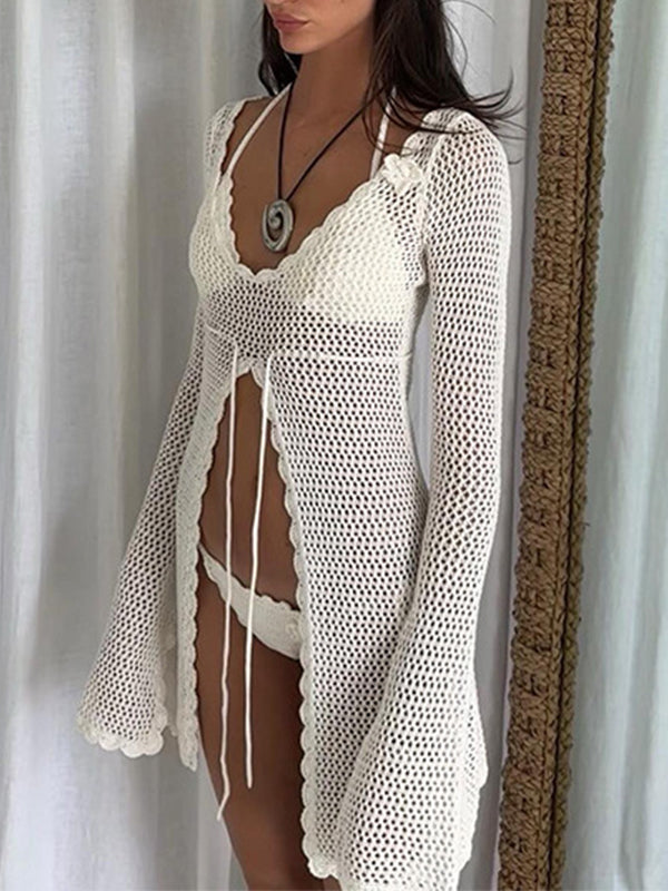fotobeyou White 2-in-1 3D Flower Tie Ruffle Slit Flare Sleeve Fashion Beach Vacation Cover Up Photoshoot Maternity Mini Dress