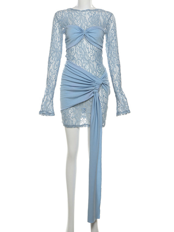 fotobeyou Blue Lace Draped Sheer Flare Sleeve Bodycon Elegant Cute Gender Reveal Baby Shower Maternity Mini Dress