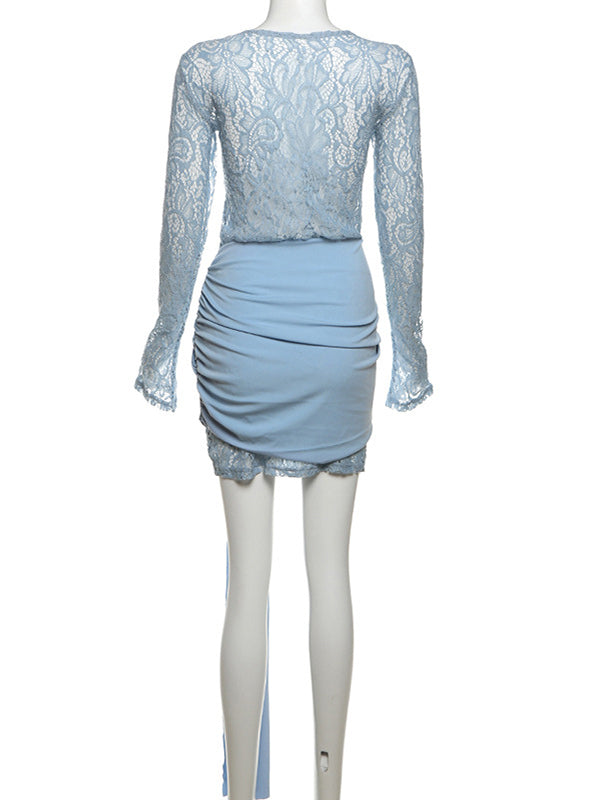 fotobeyou Blue Lace Draped Sheer Flare Sleeve Bodycon Elegant Cute Gender Reveal Baby Shower Maternity Mini Dress
