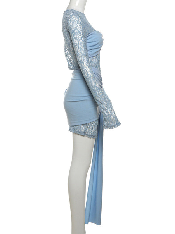 fotobeyou Blue Lace Draped Sheer Flare Sleeve Bodycon Elegant Cute Gender Reveal Baby Shower Maternity Mini Dress