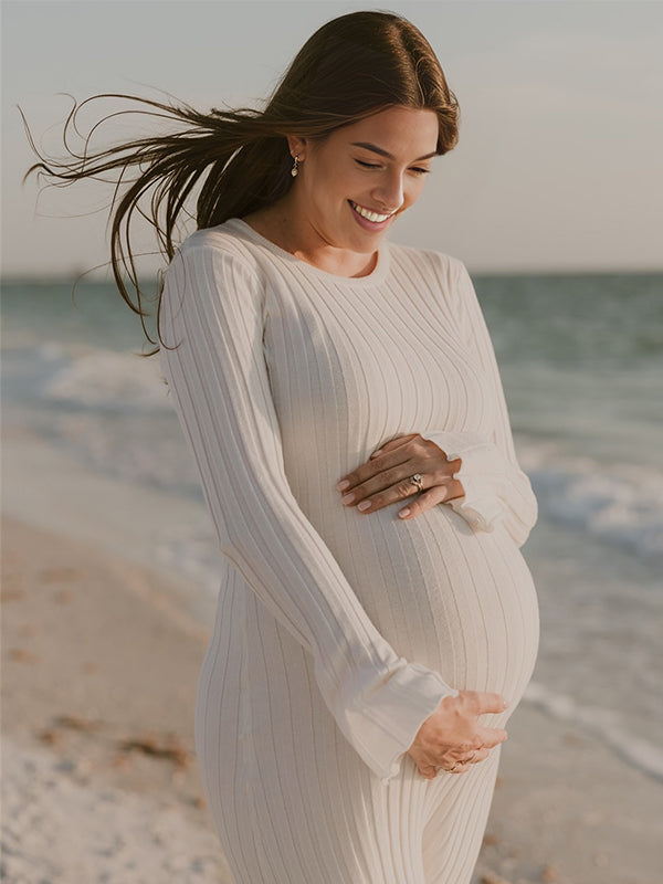 fotobeyou Solid Color Sashes Knit Lace-up High Waist Going Out Photoshoot Maternity Sweater Maxi Dress