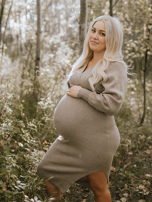 fotobeyou Knit Solid Color Sashes V-Neck Double Split Backless Bodycon Photoshoot Maternity Sweater Midi Dress