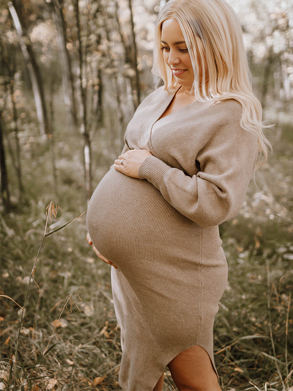fotobeyou Knit Solid Color Sashes V-Neck Double Split Backless Bodycon Photoshoot Maternity Sweater Midi Dress