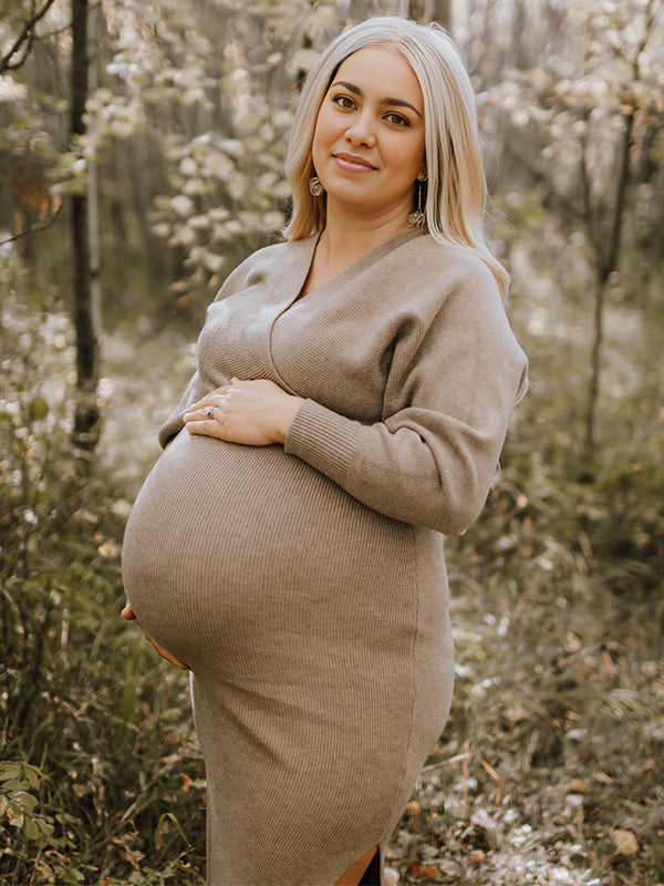 fotobeyou Knit Solid Color Sashes V-Neck Double Split Backless Bodycon Photoshoot Maternity Sweater Midi Dress