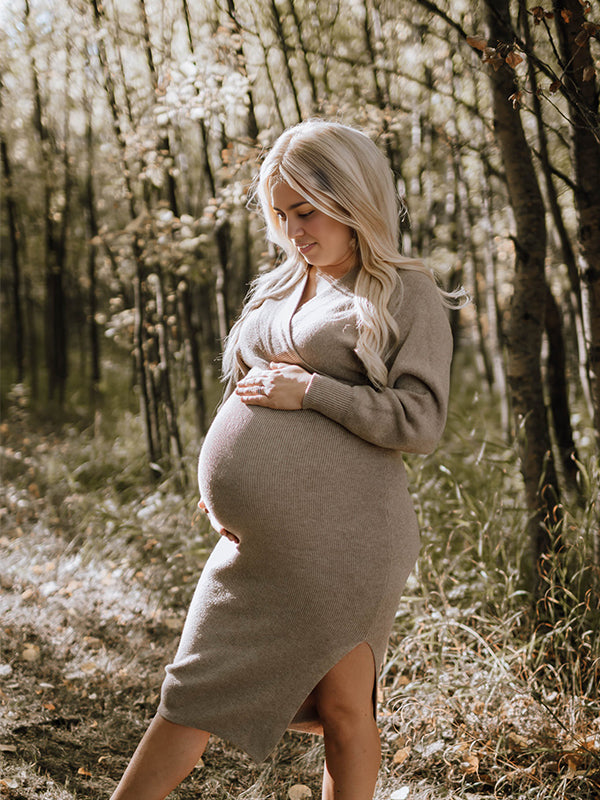 fotobeyou Knit Solid Color Sashes V-Neck Double Split Backless Bodycon Photoshoot Maternity Sweater Midi Dress
