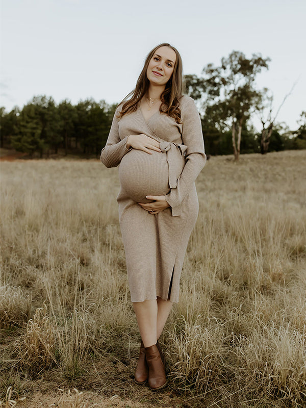 fotobeyou Knit Solid Color Sashes V-Neck Double Split Backless Bodycon Photoshoot Maternity Sweater Midi Dress