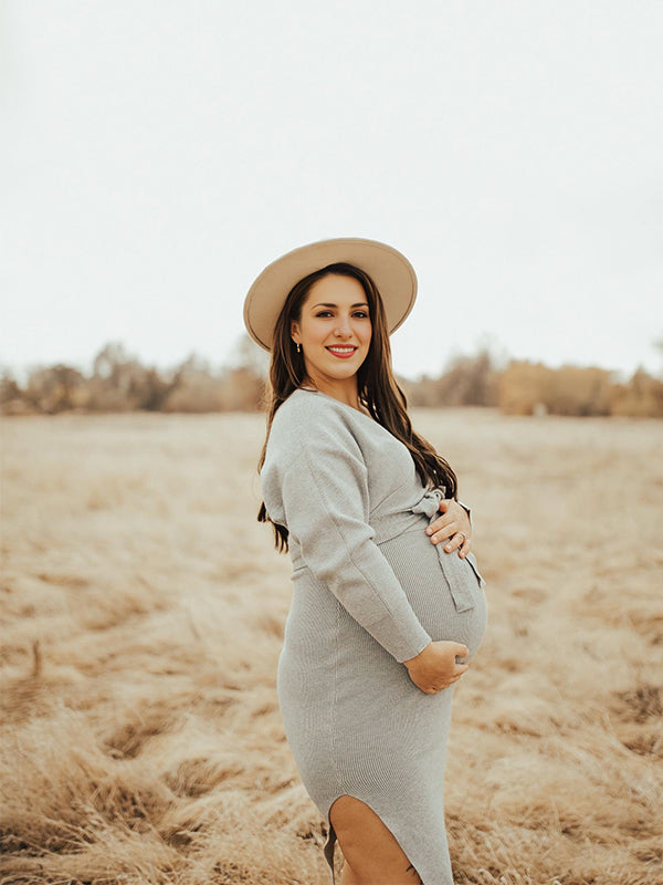 fotobeyou Knit Solid Color Sashes V-Neck Double Split Backless Bodycon Photoshoot Maternity Sweater Midi Dress