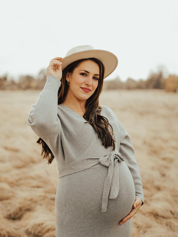 fotobeyou Knit Solid Color Sashes V-Neck Double Split Backless Bodycon Photoshoot Maternity Sweater Midi Dress