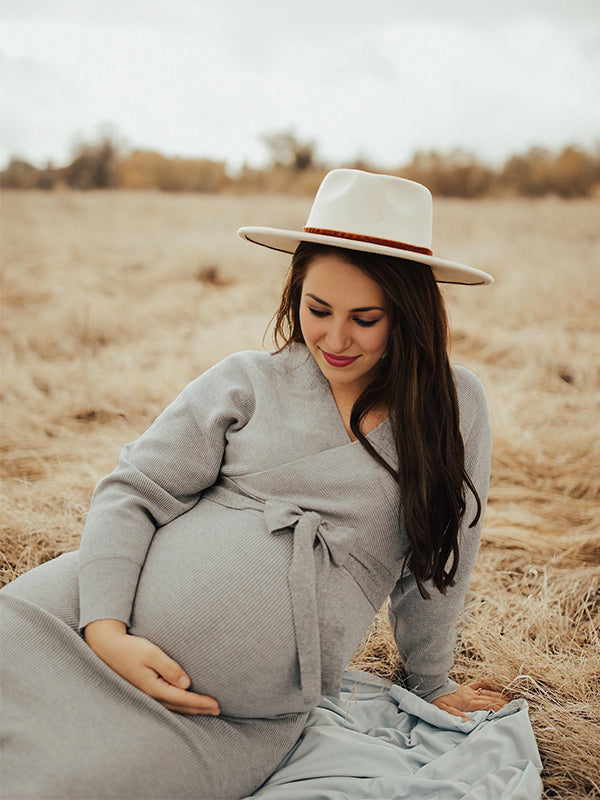 fotobeyou Knit Solid Color Sashes V-Neck Double Split Backless Bodycon Photoshoot Maternity Sweater Midi Dress