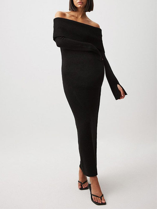 fotobeyou Off Shoulder Slit Flare Sleeve Bodycon Elegant Photoshoot Baby Shower Maternity Maxi Sweater Dress