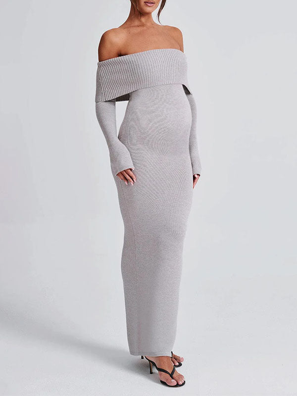 fotobeyou Off Shoulder Back Slit Flare Sleeve Bodycon Elegant Photoshoot Maternity Maxi Sweater Dress
