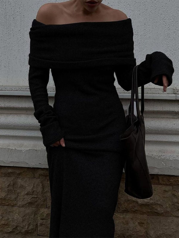 fotobeyou Off Shoulder Solid Color Mermaid Bodycon Elegant Photoshoot Maternity Maxi Sweater Dress