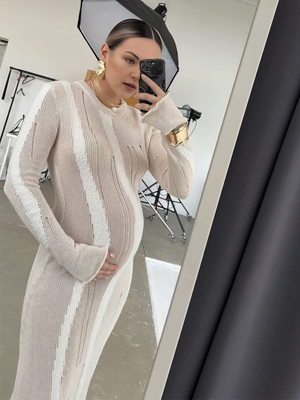 fotobeyou Khaki Knit Striped Cut Out Flare Sleeve Bodycon Photoshoot Baby Shower Maternity Maxi Sweater Dress