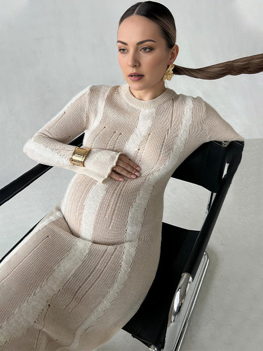 fotobeyou Khaki Knit Striped Cut Out Flare Sleeve Bodycon Photoshoot Baby Shower Maternity Maxi Sweater Dress
