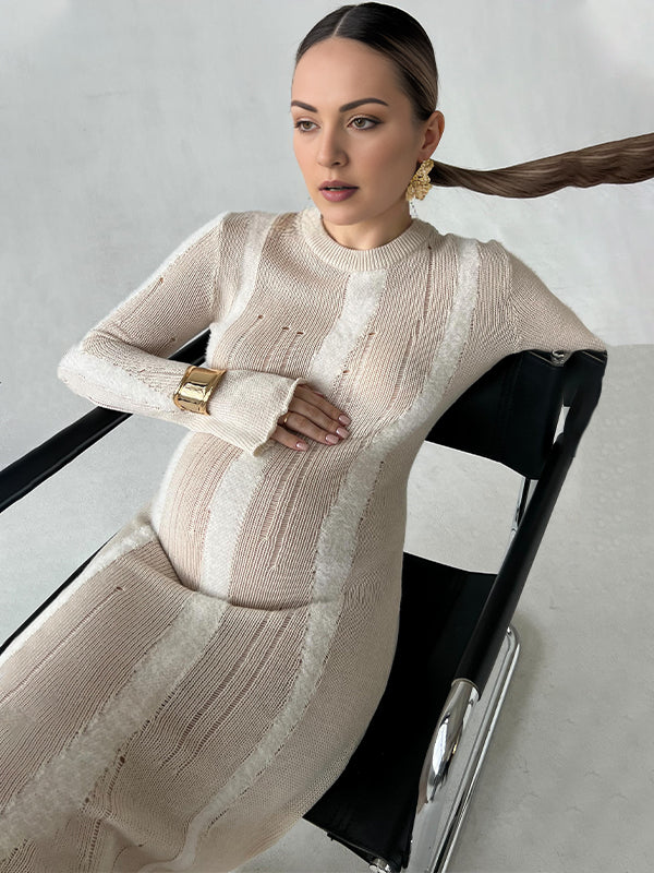 fotobeyou Khaki Knit Striped Cut Out Flare Sleeve Bodycon Photoshoot Baby Shower Maternity Maxi Sweater Dress