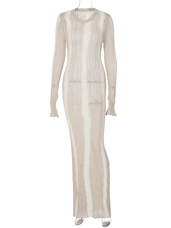 fotobeyou Khaki Knit Striped Cut Out Flare Sleeve Bodycon Photoshoot Baby Shower Maternity Maxi Sweater Dress