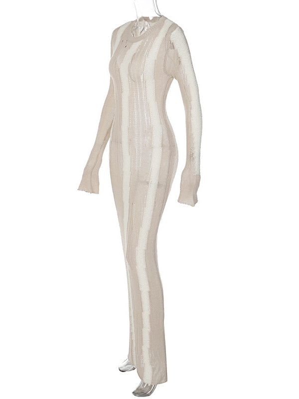 fotobeyou Khaki Knit Striped Cut Out Flare Sleeve Bodycon Photoshoot Baby Shower Maternity Maxi Sweater Dress