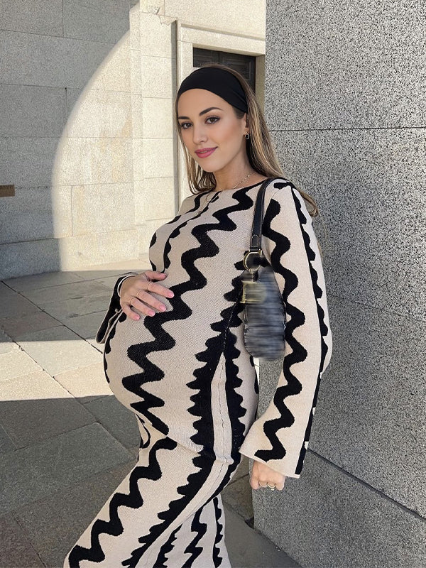 fotobeyou Beige Wavy Edge Cut Out Bodycon Elegant Photoshoot Baby Shower Maternity Maxi Sweater Dress