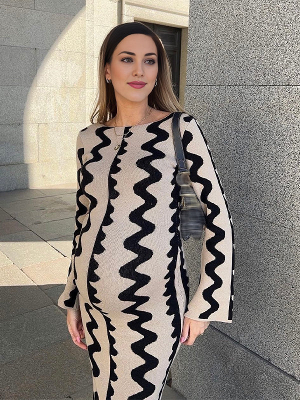 fotobeyou Beige Wavy Edge Cut Out Bodycon Elegant Photoshoot Baby Shower Maternity Maxi Sweater Dress