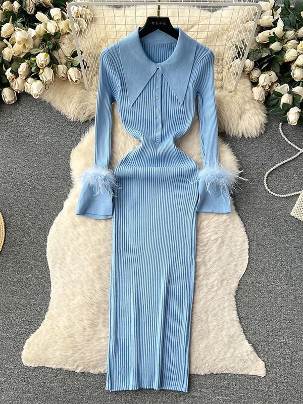 fotobeyou Feather Slit Flare Sleeve Turndown Collar Bodycon Photoshoot Baby Shower Maternity Maxi Sweater Dress