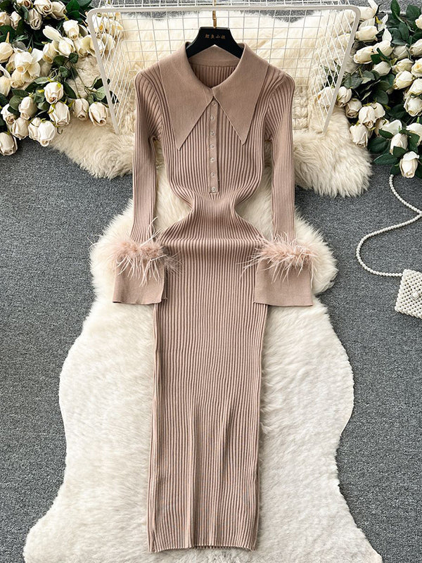 fotobeyou Feather Slit Flare Sleeve Turndown Collar Bodycon Photoshoot Baby Shower Maternity Maxi Sweater Dress