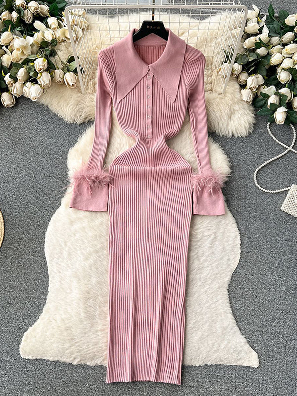 fotobeyou Feather Slit Flare Sleeve Turndown Collar Bodycon Photoshoot Baby Shower Maternity Maxi Sweater Dress