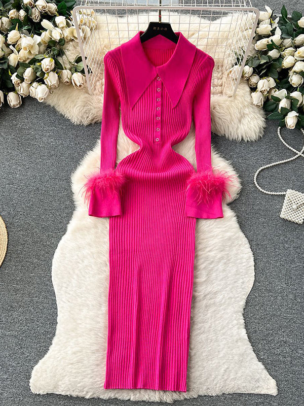 fotobeyou Feather Slit Flare Sleeve Turndown Collar Bodycon Photoshoot Baby Shower Maternity Maxi Sweater Dress