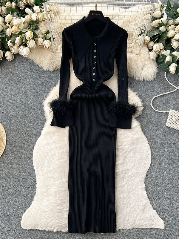 fotobeyou Feather Slit Flare Sleeve Turndown Collar Bodycon Photoshoot Baby Shower Maternity Maxi Sweater Dress