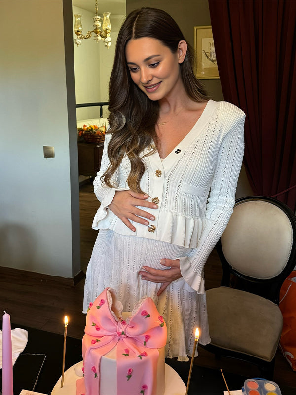 fotobeyou White Buttons Ruffle Knit Cut Out Elegant Baby Shower Maternity Mini Sweater Dress
