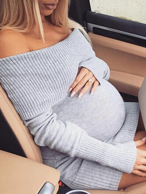 fotobeyou Off Shoulder Solid Color Bodycon Daily Baby Shower Maternity Mini Sweater Dress