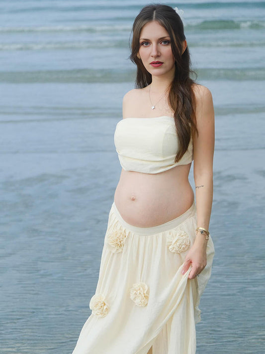fotobeyou Ivory-White Ruched Flowers Sweet Fashion Maternity Photoshoot Maxi Dress
