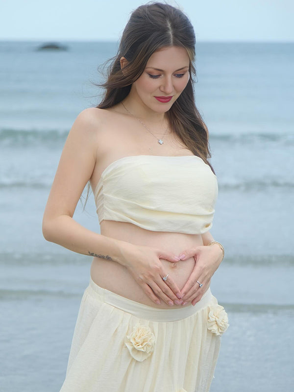 fotobeyou Ivory-White Ruched Flowers Sweet Fashion Maternity Photoshoot Maxi Dress
