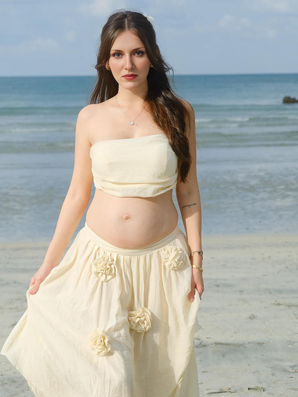 fotobeyou Ivory-White Ruched Flowers Sweet Fashion Maternity Photoshoot Maxi Dress