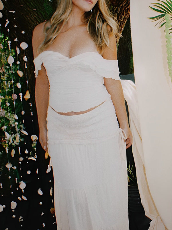 fotobeyou Ivory White Two Piece Set Off Shoulder Ruffle Falbala Bodycon Elegant Maternity Boho Photoshoot Baby Shower Maxi Dress