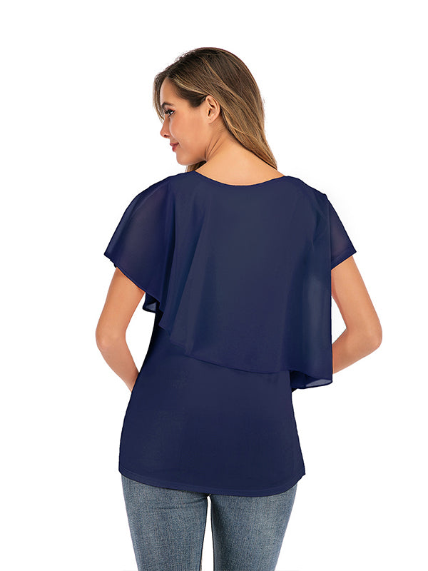 fotobeyou Solid Color Chiffon Ruffle Falbala Round Neck Short Sleeve Breastfeeding T-shirt Basic Going Out Daily Maternity Nursing Top