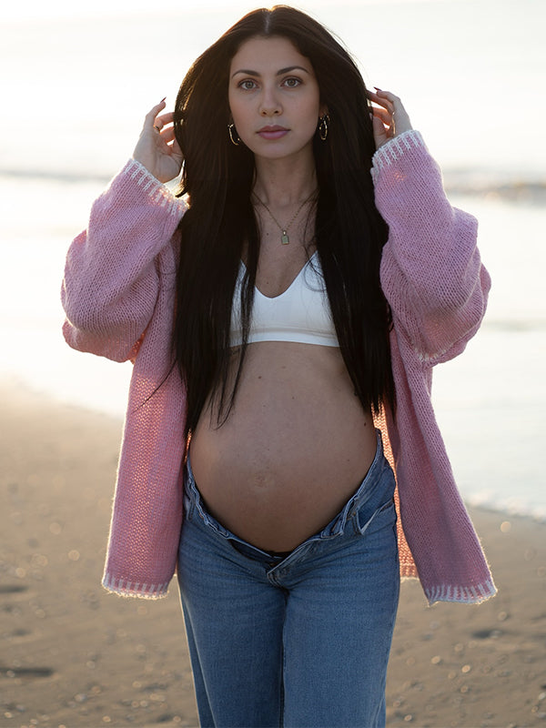 fotobeyou Lines Hit Color Lantern Sleeve Fashion Daily Photoshoot Maternity Sweater Cardigan
