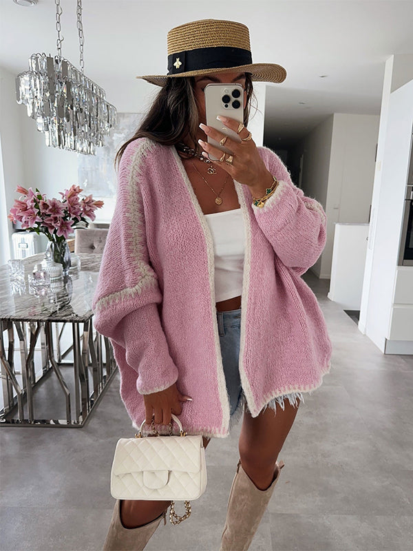 fotobeyou Lines Hit Color Lantern Sleeve Fashion Daily Photoshoot Maternity Sweater Cardigan