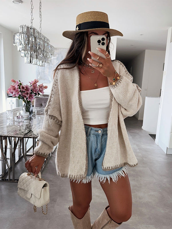 fotobeyou Lines Hit Color Lantern Sleeve Fashion Daily Photoshoot Maternity Sweater Cardigan