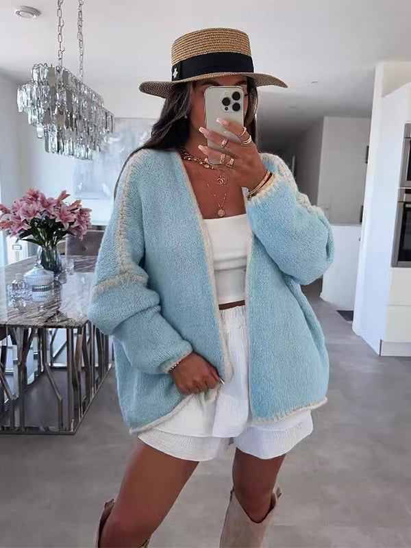 fotobeyou Lines Hit Color Lantern Sleeve Fashion Daily Photoshoot Maternity Sweater Cardigan