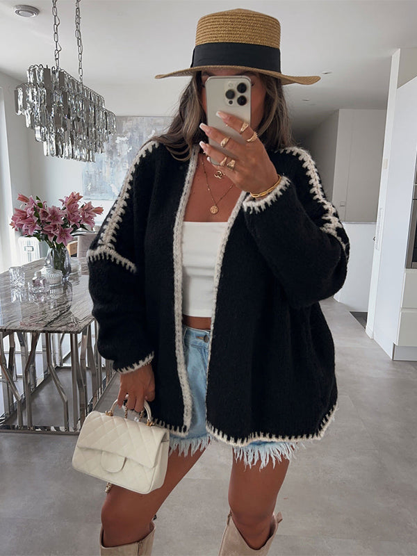 fotobeyou Lines Hit Color Lantern Sleeve Fashion Daily Photoshoot Maternity Sweater Cardigan