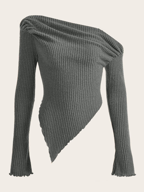 fotobeyou Grey One Shoulder Irregular Ruffle Knit Fashion Daily Fashion Maternity Sweater Top